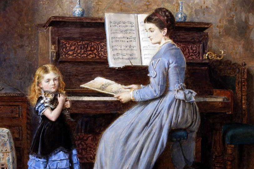 The Piano Lesson od George Goodwina Kilburnea – ilustrace k článku o přirozeném držení těla a radosti z hudby podle Alexandrovy a Lowenovy metody.