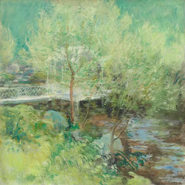 The White Bridge od Johna Henryho Twachtmana – impresionistická ilustrace k článku o Alexandrově metodě, symbolizující strukturální oporu a uvolnění svalového napětí.